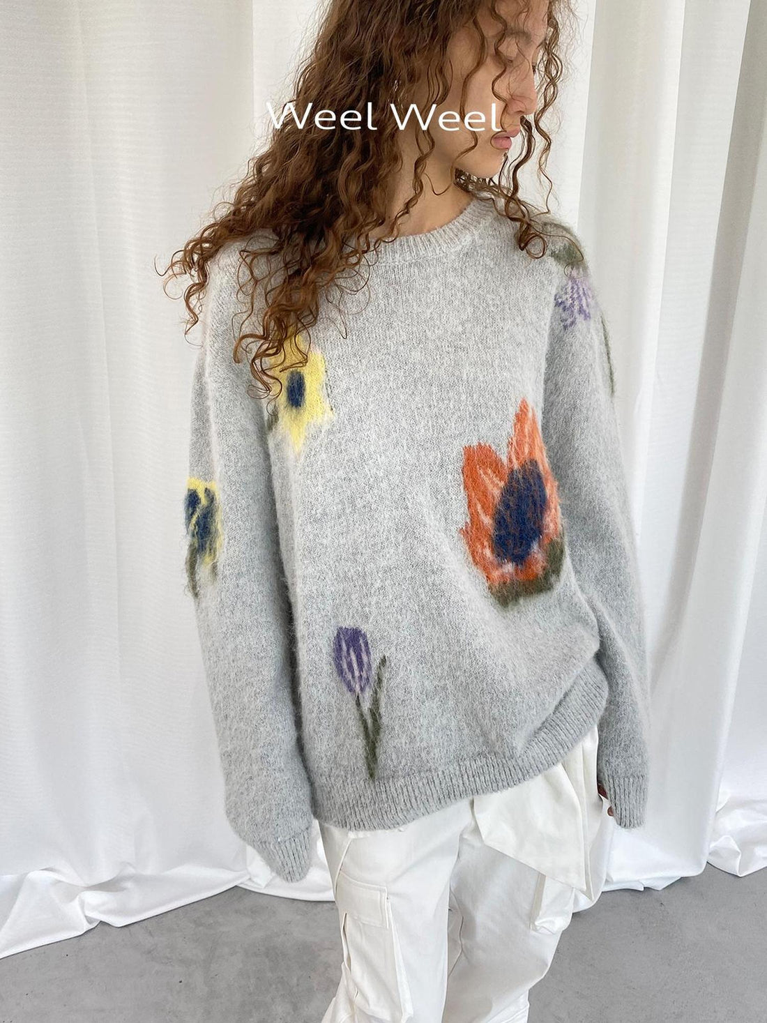 LYUOCHENG Grey Floral Knit Sweater