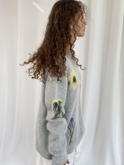 LYUOCHENG Grey Floral Knit Sweater