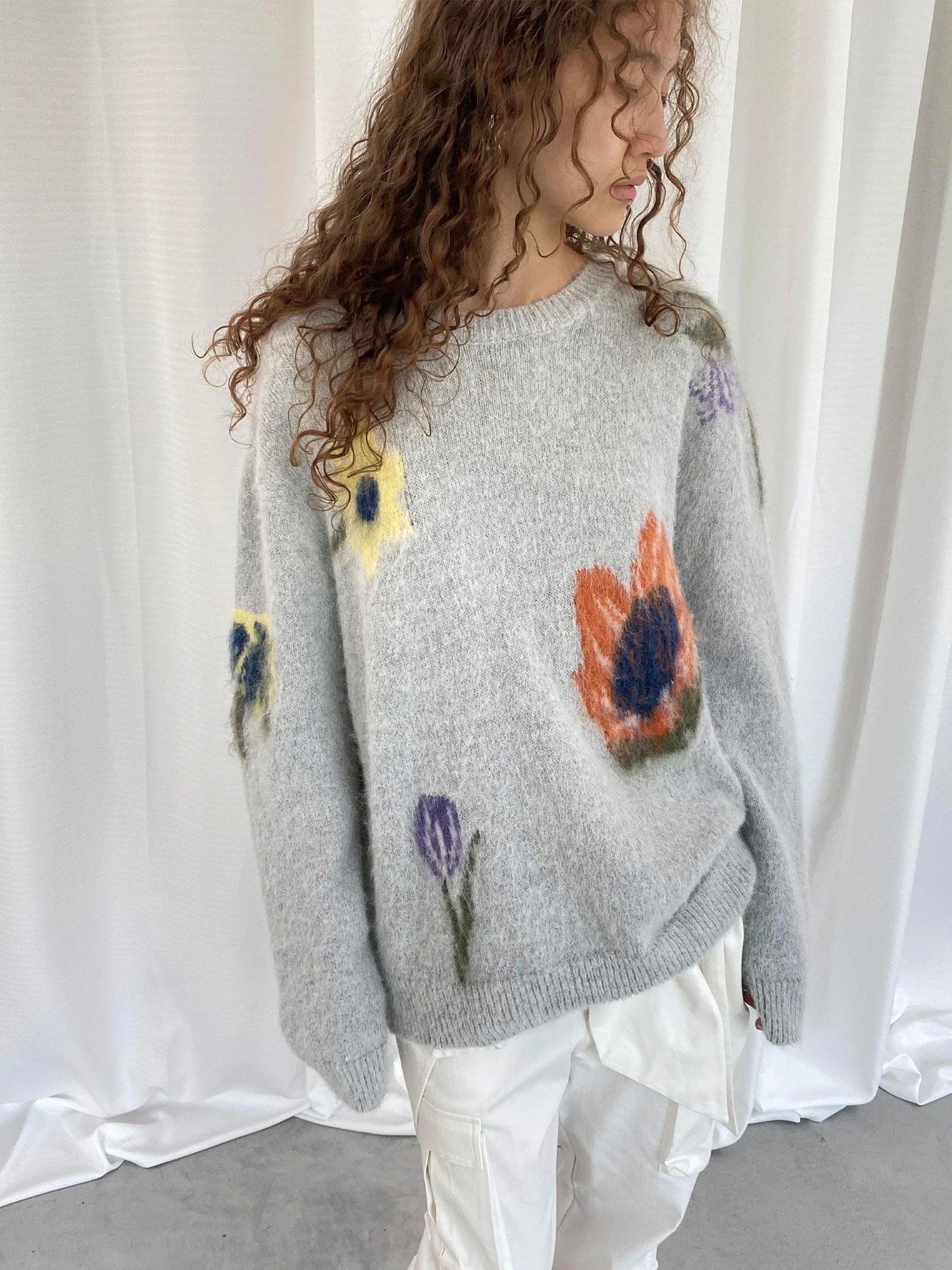 LYUOCHENG Grey Floral Knit Sweater