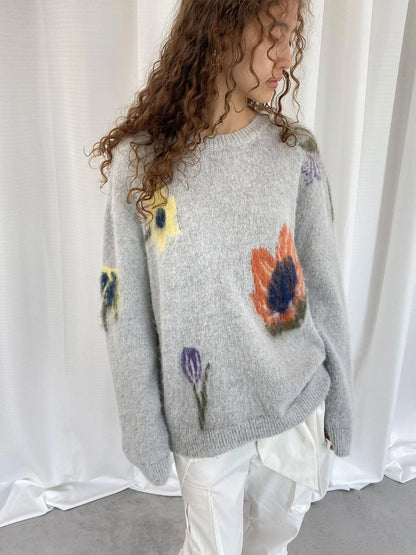 LYUOCHENG Grey Floral Knit Sweater