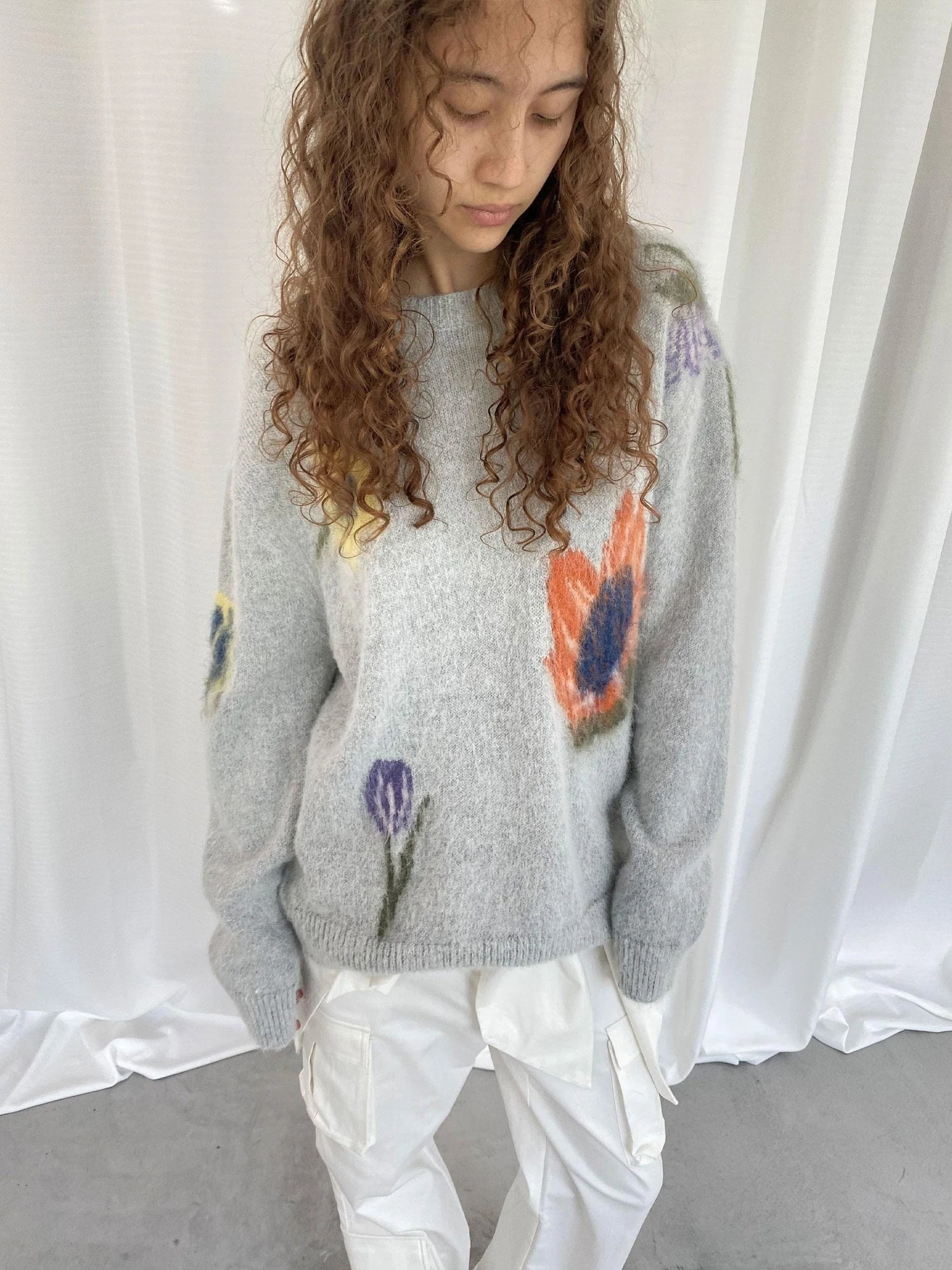LYUOCHENG Grey Floral Knit Sweater