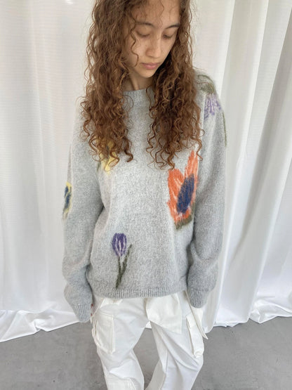 LYUOCHENG Grey Floral Knit Sweater