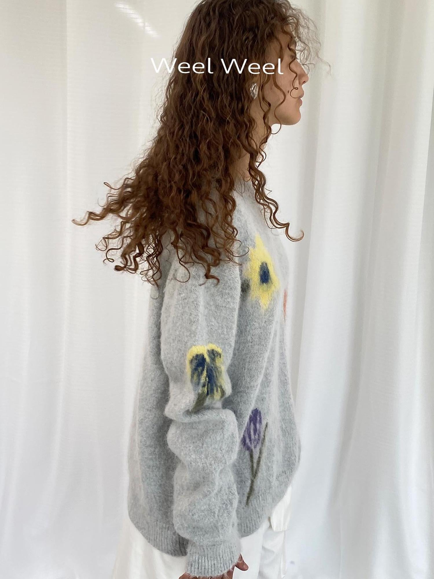 LYUOCHENG Grey Floral Knit Sweater