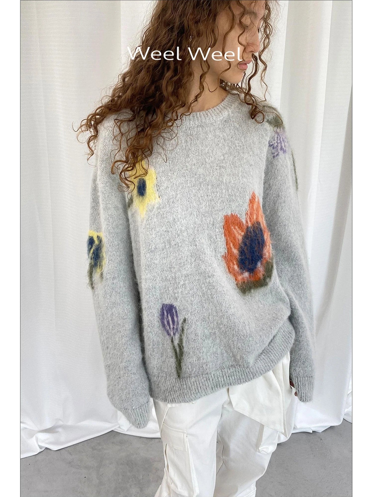 LYUOCHENG Grey Floral Knit Sweater