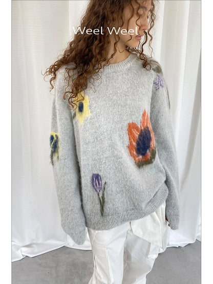 LYUOCHENG Grey Floral Knit Sweater