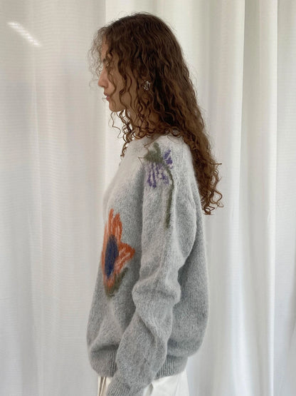 LYUOCHENG Grey Floral Knit Sweater