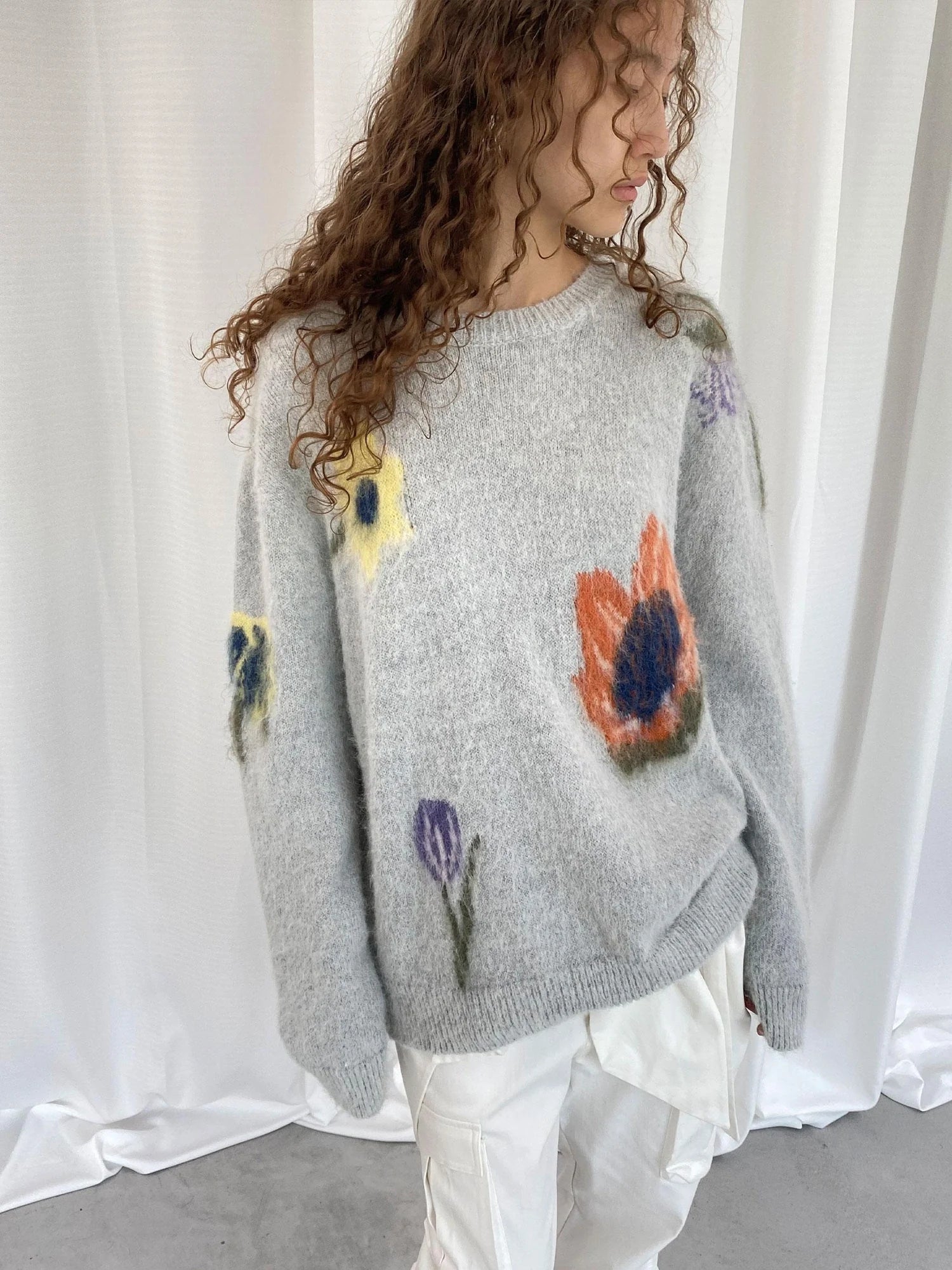 LYUOCHENG Grey Floral Knit Sweater