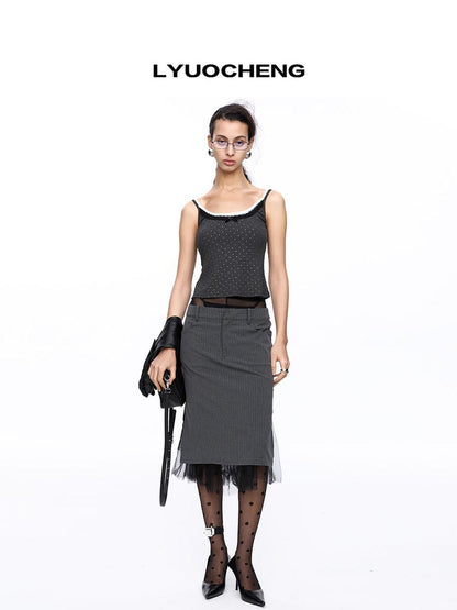 LYUOCHENG Grey Stripe Sheer Paneled Midi Skirt