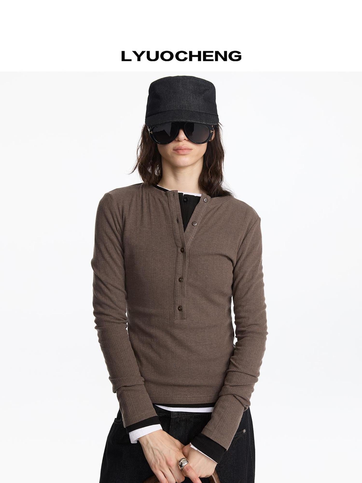 LYUOCHENG Henry Neck Acetate Staple Long Sleeve Top
