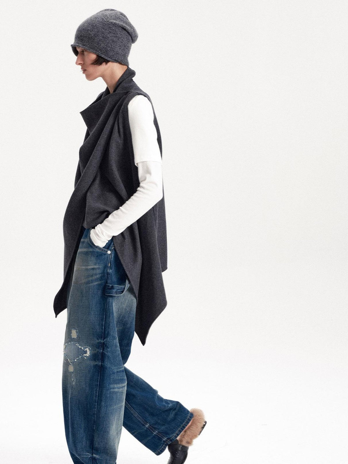 LYUOCHENG Irregular Cut Button Detail Wool Blend Women&
