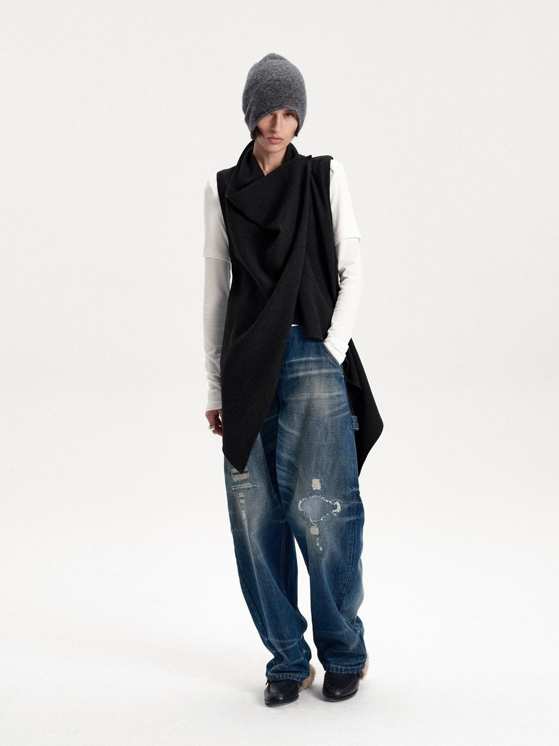 LYUOCHENG Irregular Cut Button Detail Wool Blend Women&