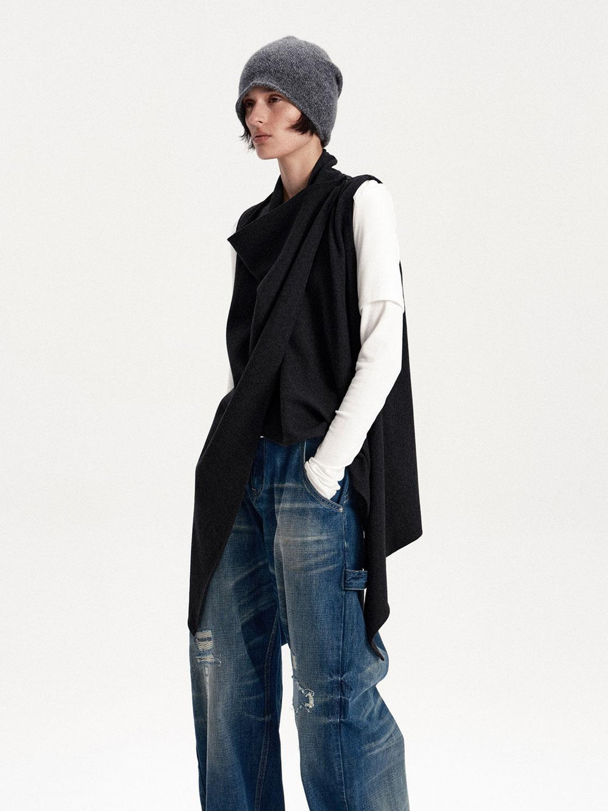 LYUOCHENG Irregular Cut Button Detail Wool Blend Women&