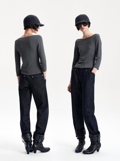 LYUOCHENG Knitted Boat Neck Solid Color Slim Fit Women&