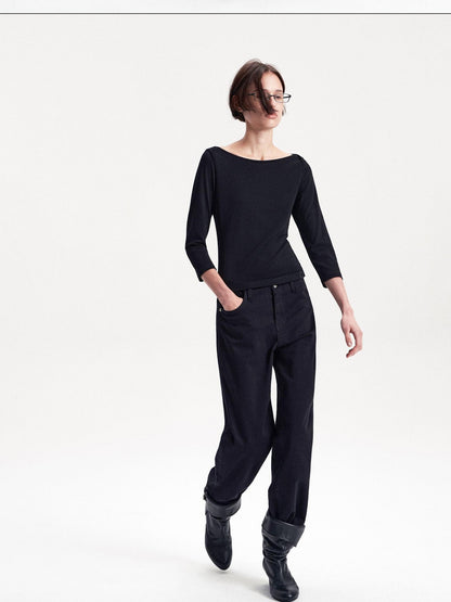 LYUOCHENG Knitted Boat Neck Solid Color Slim Fit Women&