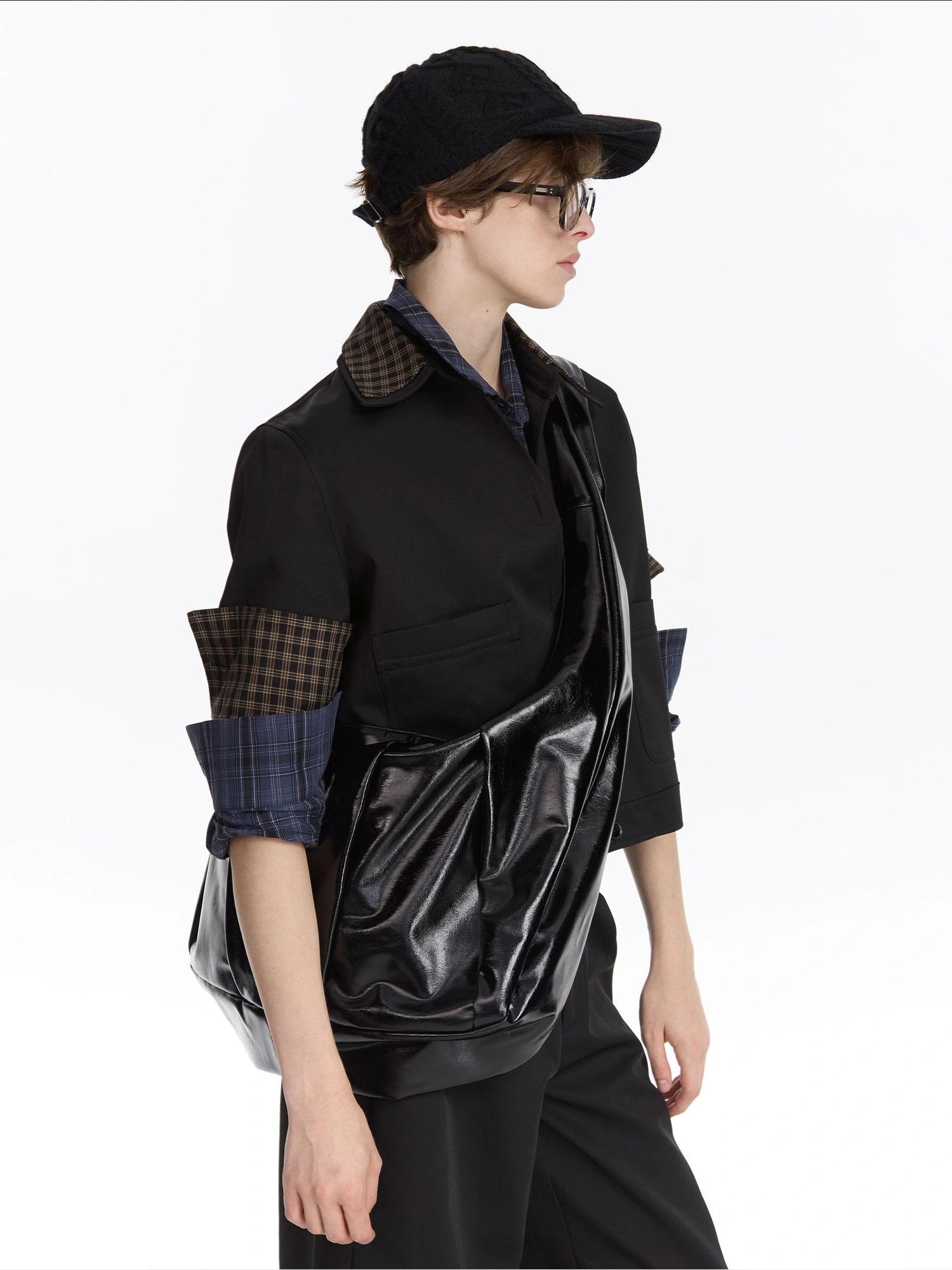 Leather Crescent Hobo Bag Black