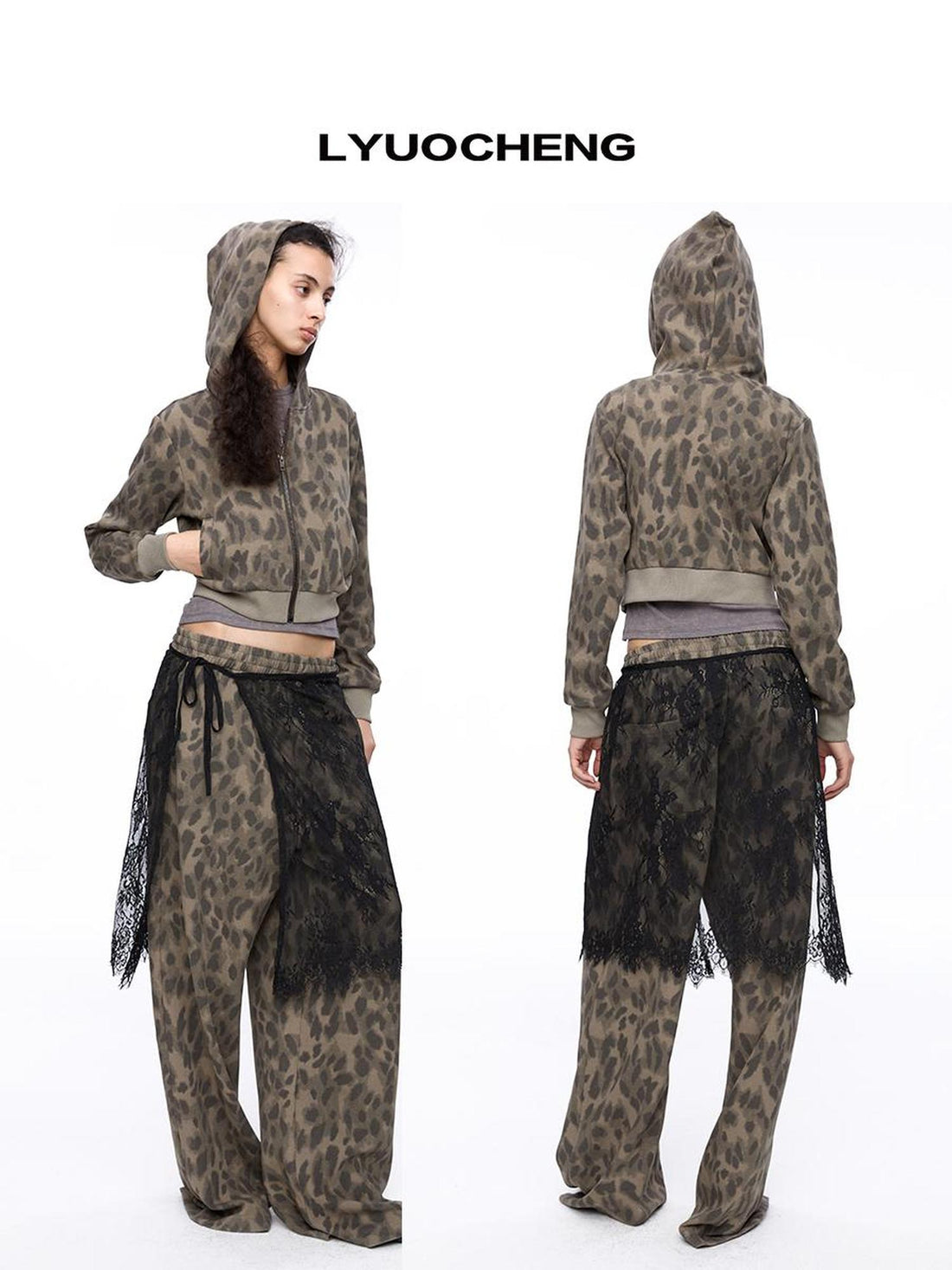 LYUOCHENG Leopard Print Hooded Knit Sweatsuit