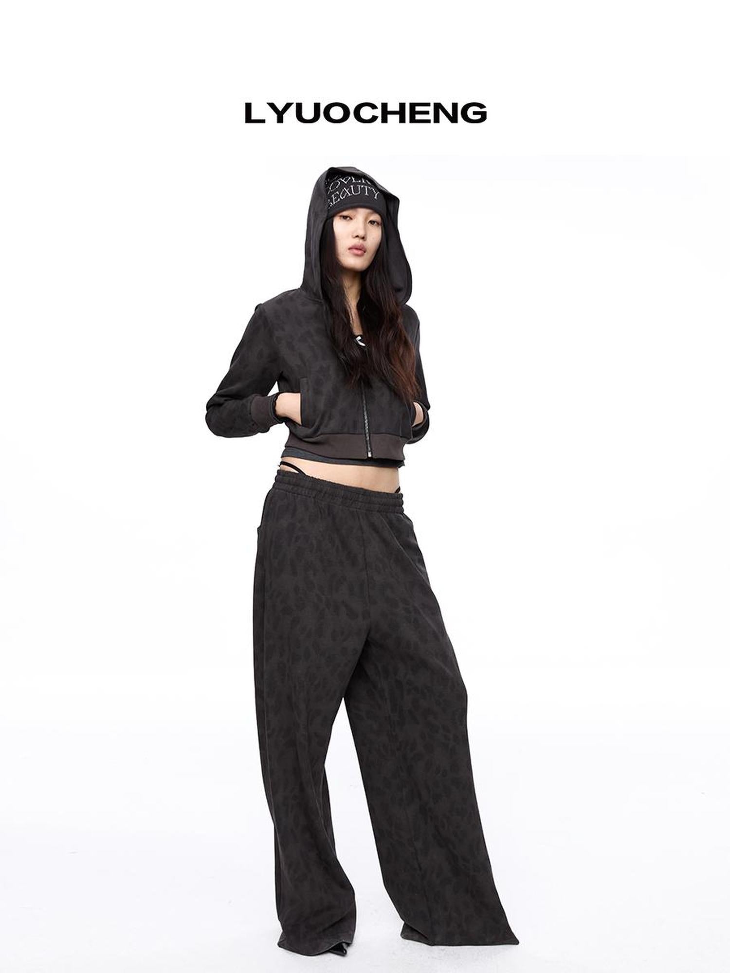 LYUOCHENG Leopard Print Hooded Knit Sweatsuit