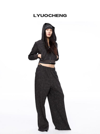 LYUOCHENG Leopard Print Hooded Knit Sweatsuit