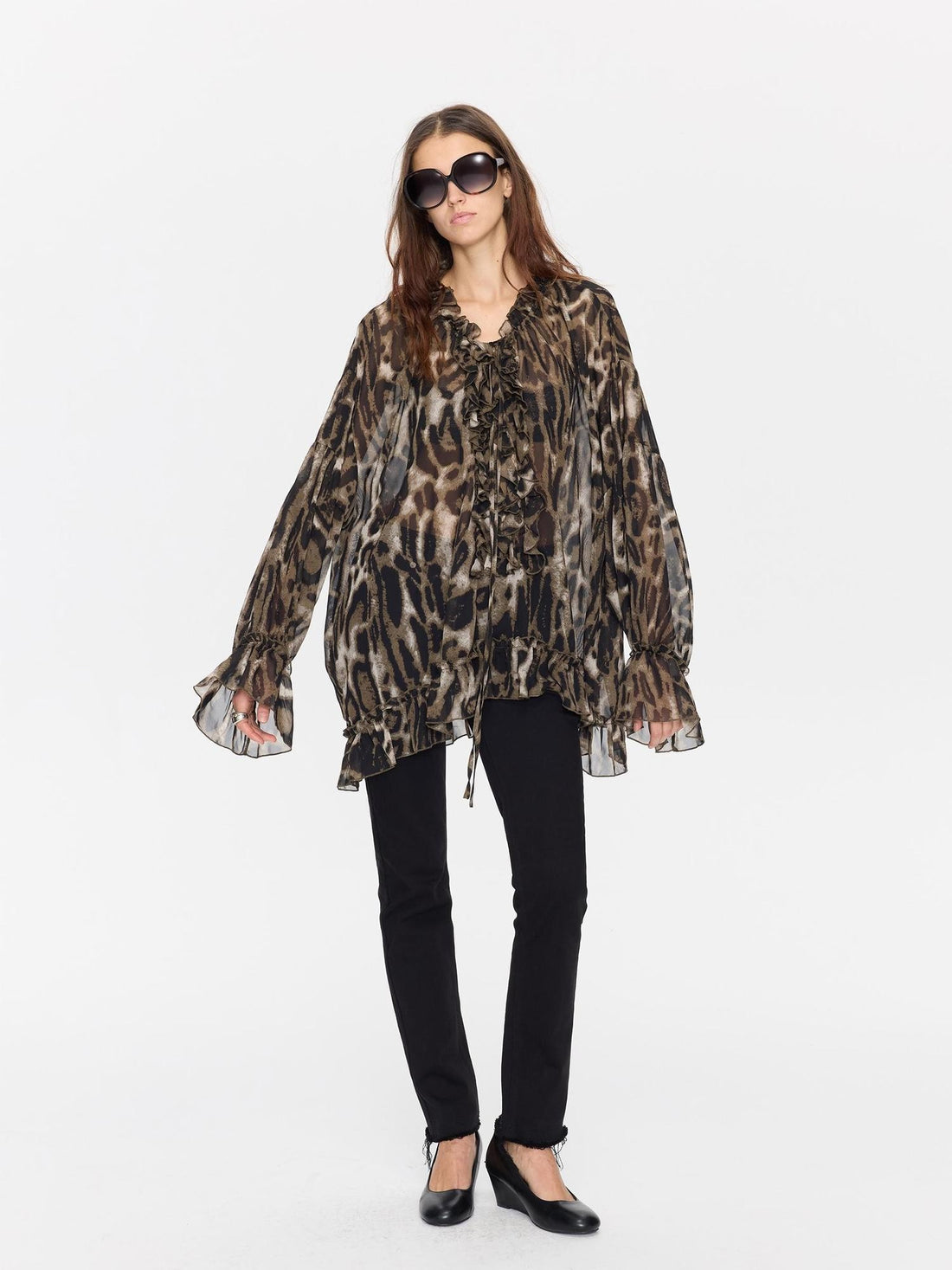 LYUOCHENG Leopard Print Ruffle Loose Sheer Women&