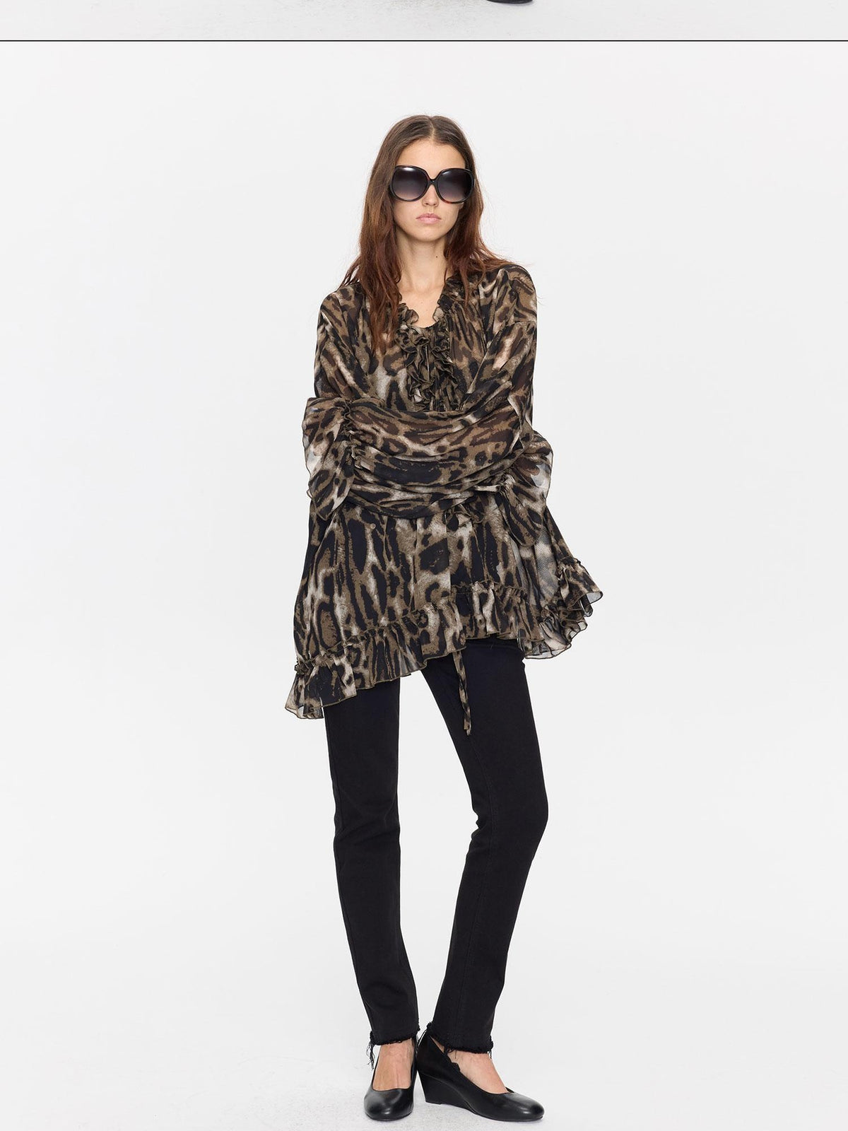LYUOCHENG Leopard Print Ruffle Loose Sheer Women&
