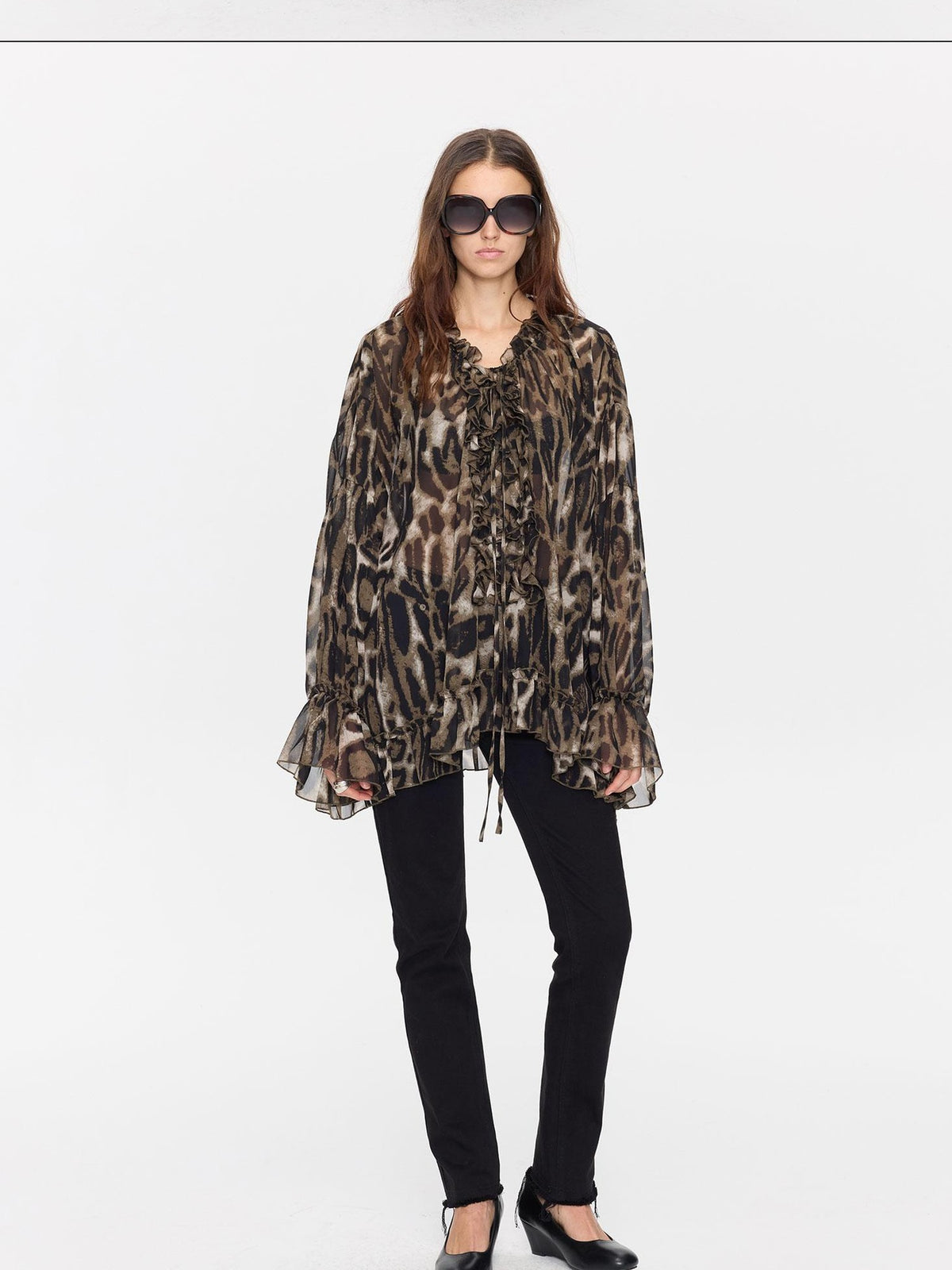 LYUOCHENG Leopard Print Ruffle Loose Sheer Women&