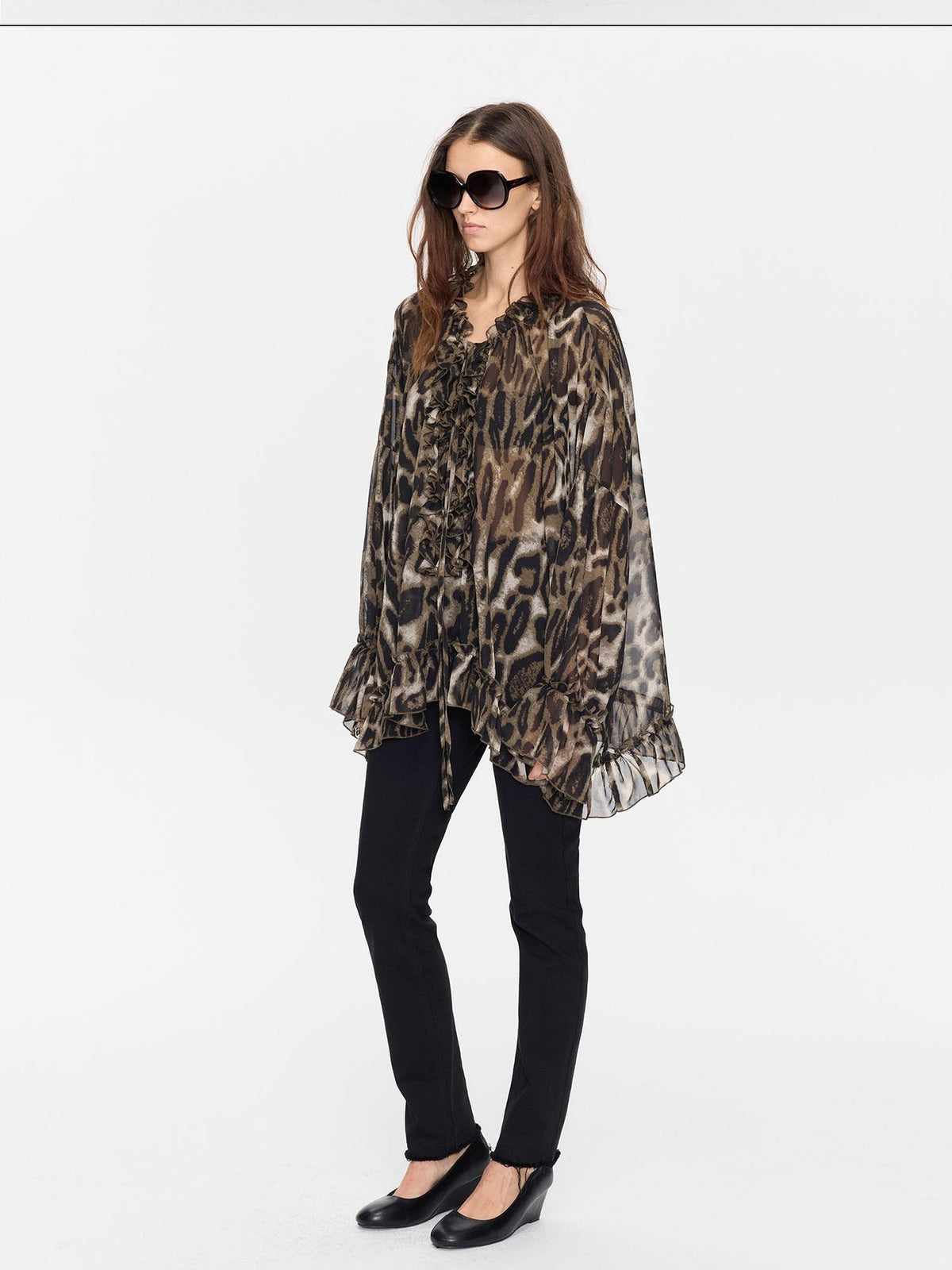 LYUOCHENG Leopard Print Ruffle Loose Sheer Women&
