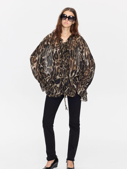LYUOCHENG Leopard Print Ruffle Loose Sheer Women&