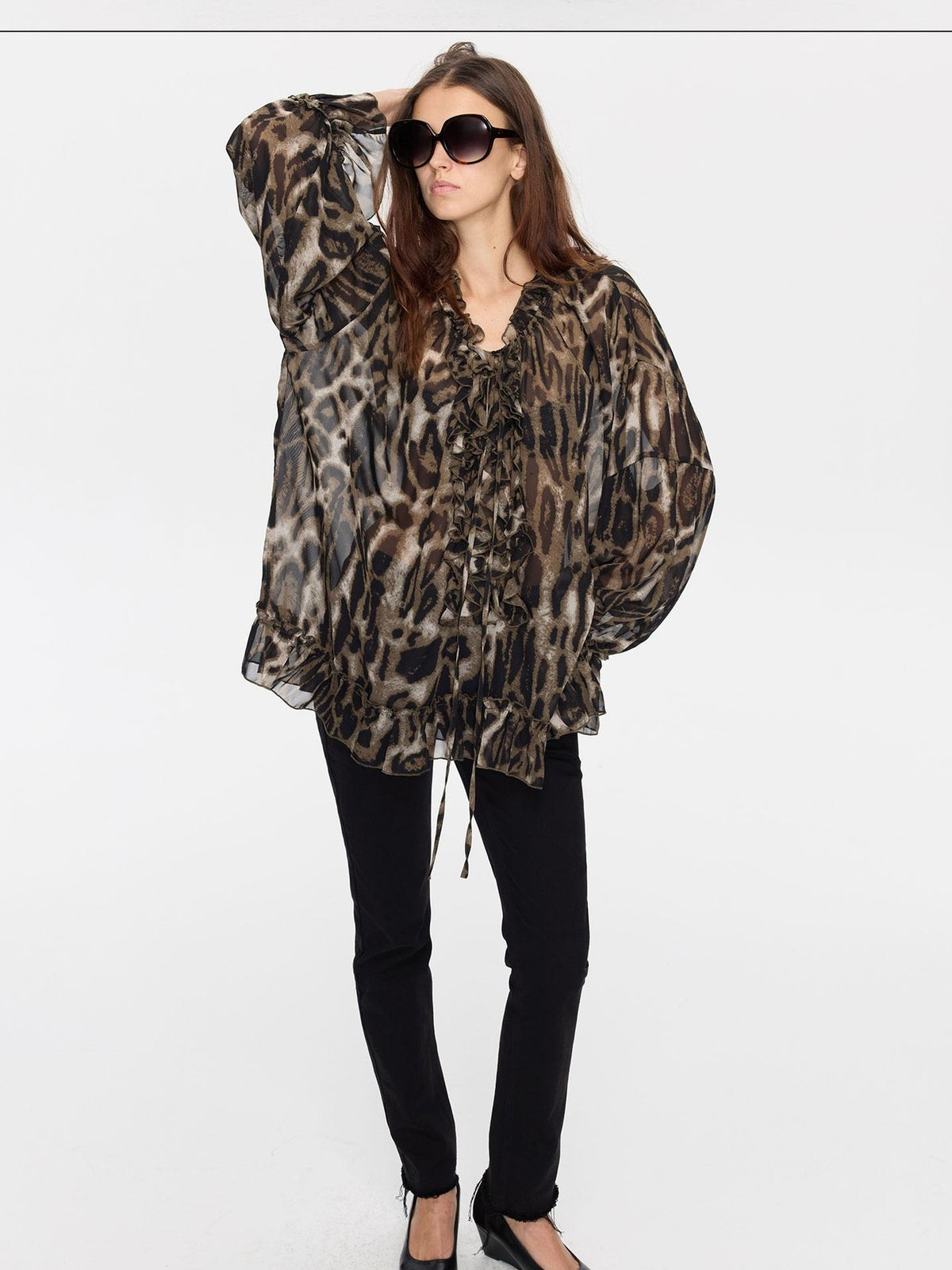 LYUOCHENG Leopard Print Ruffle Loose Sheer Women&