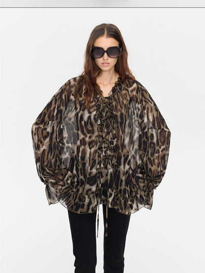 LYUOCHENG Leopard Print Ruffle Loose Sheer Women&