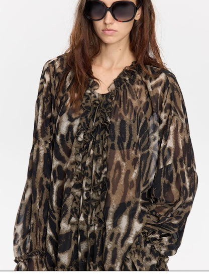 LYUOCHENG Leopard Print Ruffle Loose Sheer Women&
