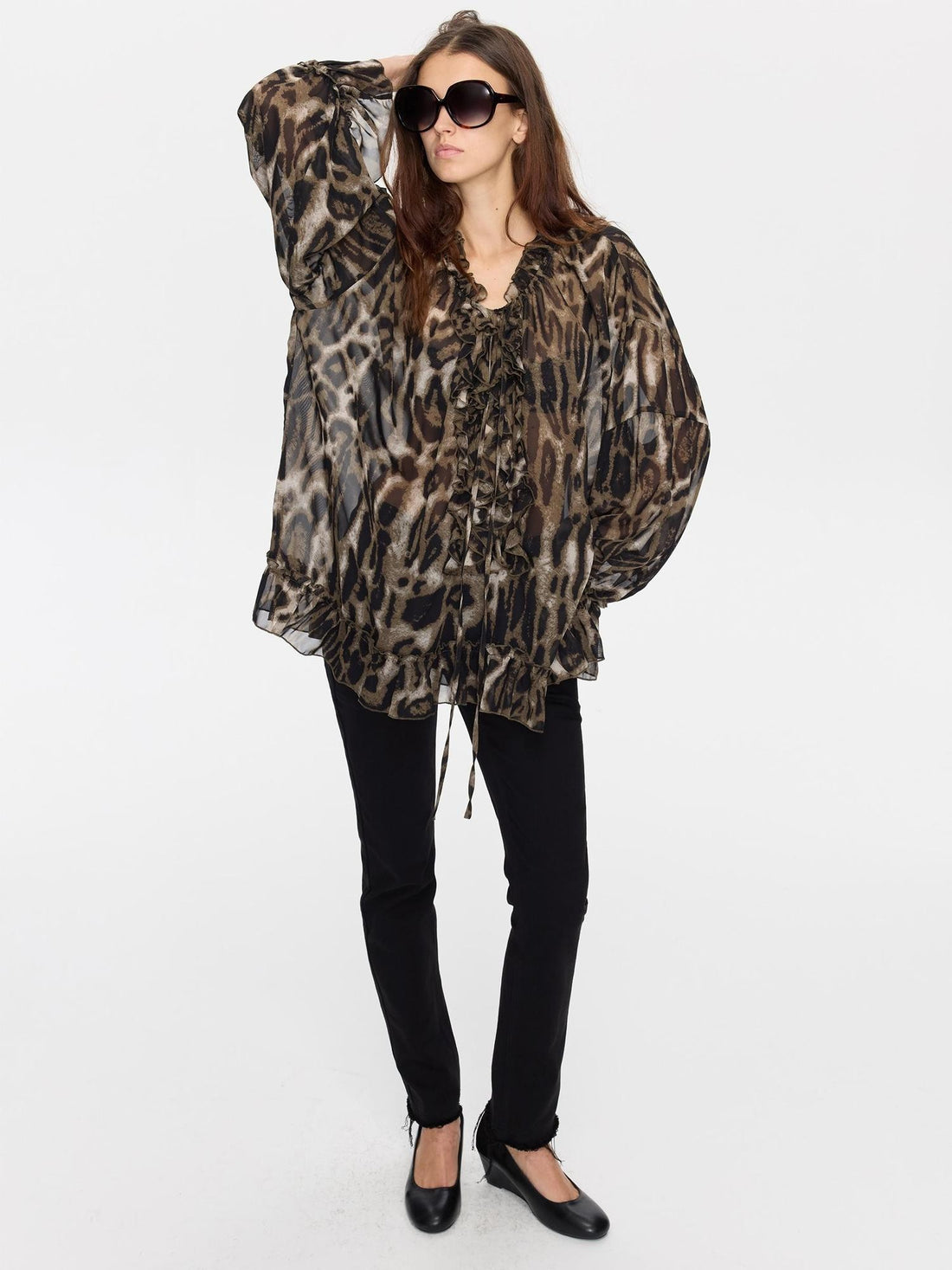 LYUOCHENG Leopard Print Ruffle Loose Sheer Women&