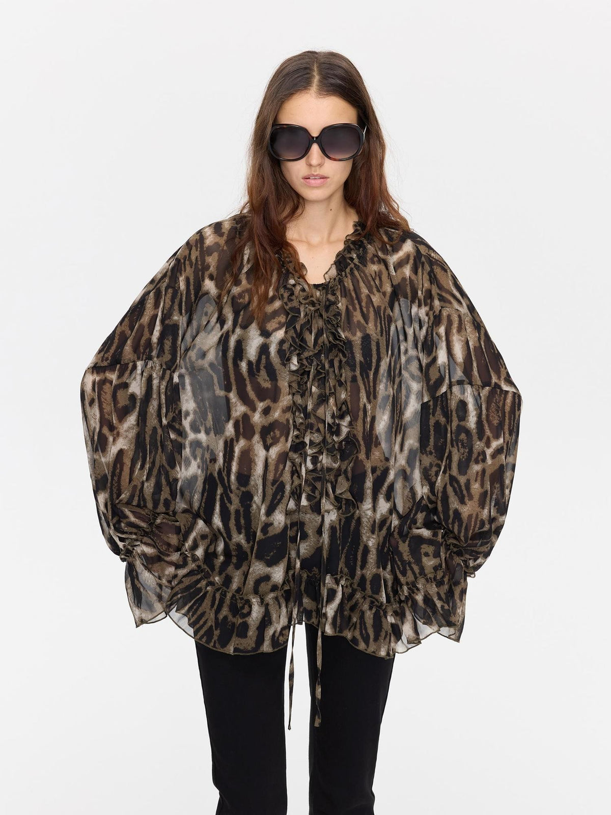 LYUOCHENG Leopard Print Ruffle Loose Sheer Women&