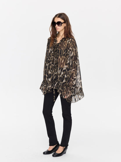 LYUOCHENG Leopard Print Ruffle Loose Sheer Women&