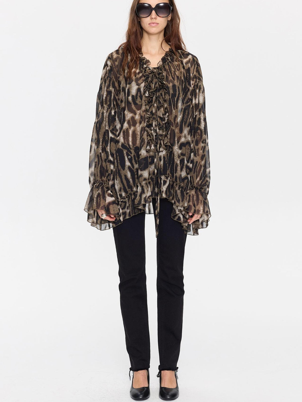 LYUOCHENG Leopard Print Ruffle Loose Sheer Women&