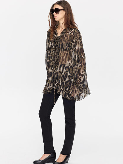 LYUOCHENG Leopard Print Ruffle Loose Sheer Women&