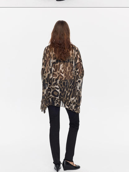 LYUOCHENG Leopard Print Ruffle Loose Sheer Women&