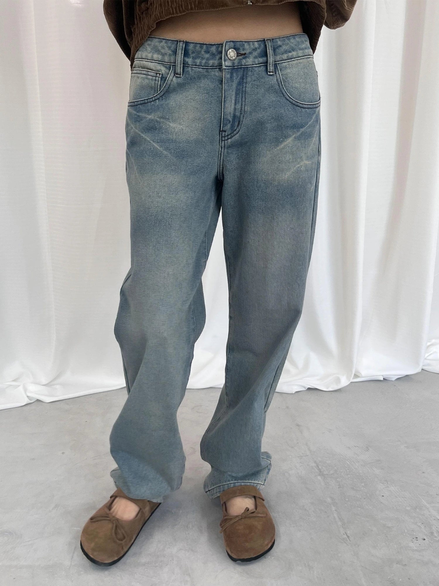 LYUOCHENG Light Blue Washed Straight Leg Jeans