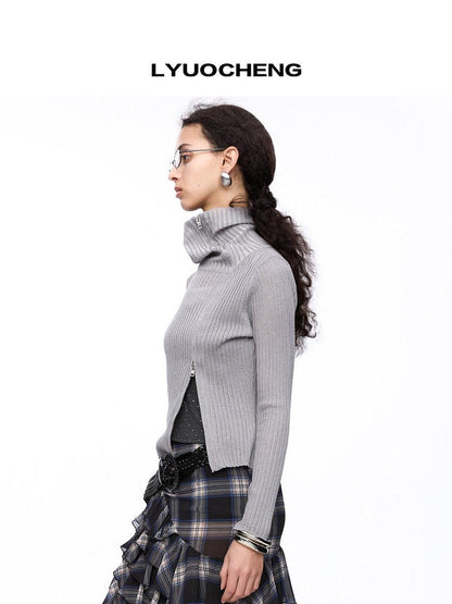 LYUOCHENG Light Grey Asymmetric Zip Large Lapel Slim Fit Women&
