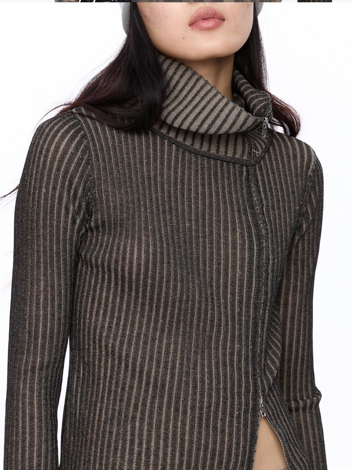 LYUOCHENG Light Grey Asymmetric Zip Large Lapel Slim Fit Women&