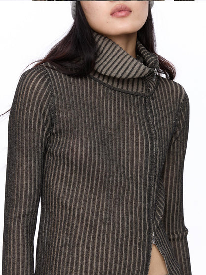 LYUOCHENG Light Grey Asymmetric Zip Large Lapel Slim Fit Women&