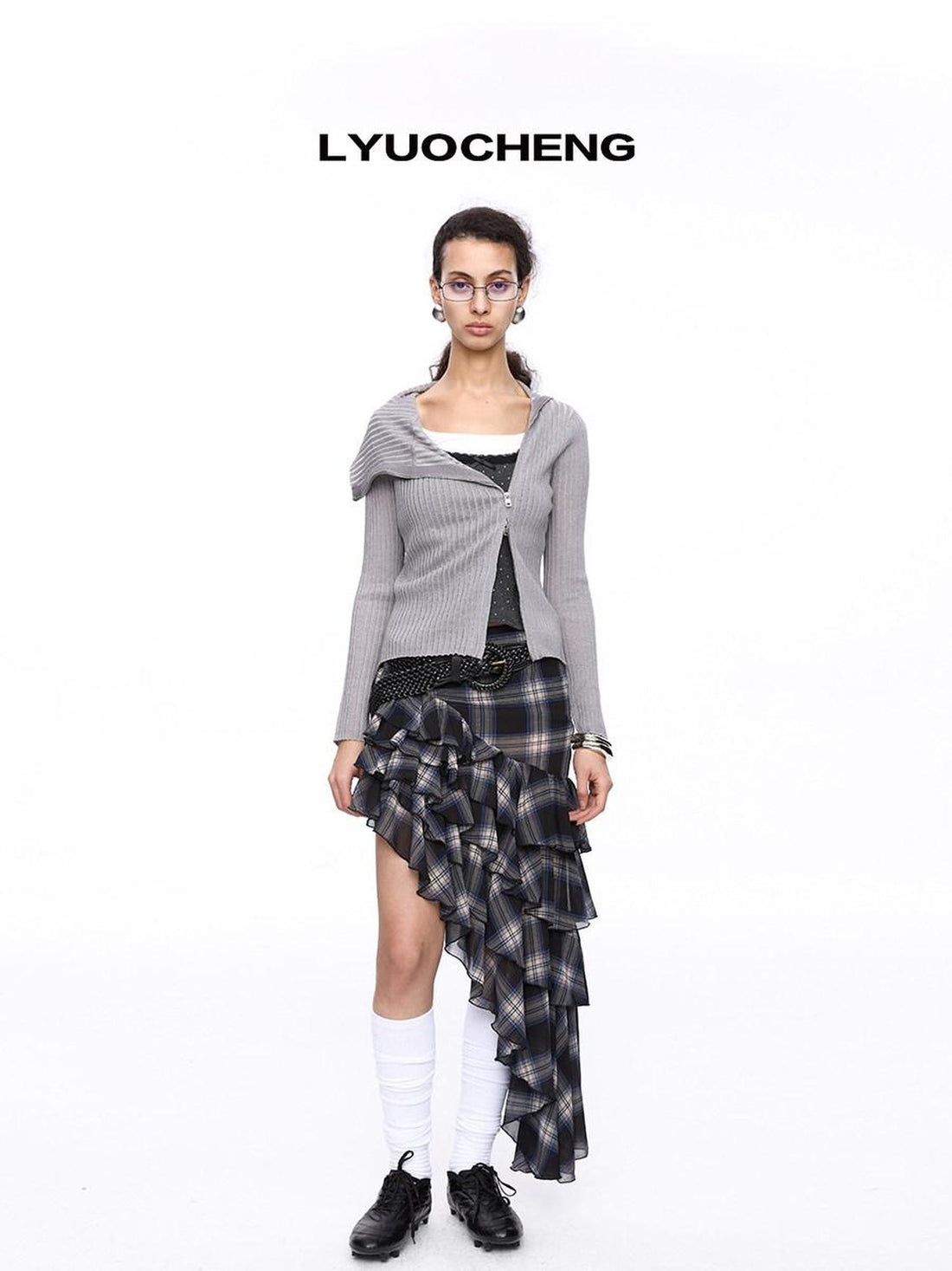 LYUOCHENG Light Grey Asymmetric Zip Large Lapel Slim Fit Women&
