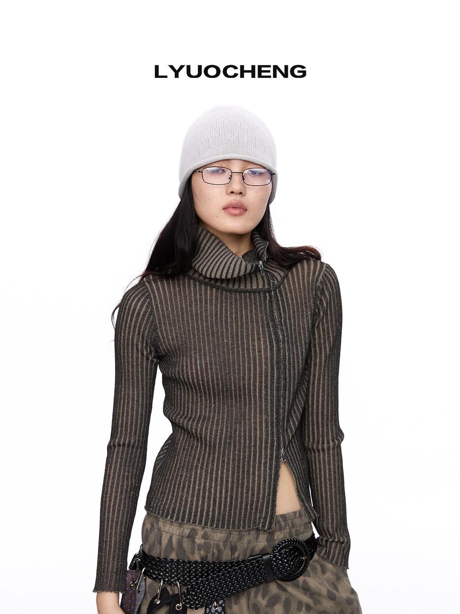 LYUOCHENG Light Grey Asymmetric Zip Large Lapel Slim Fit Women&