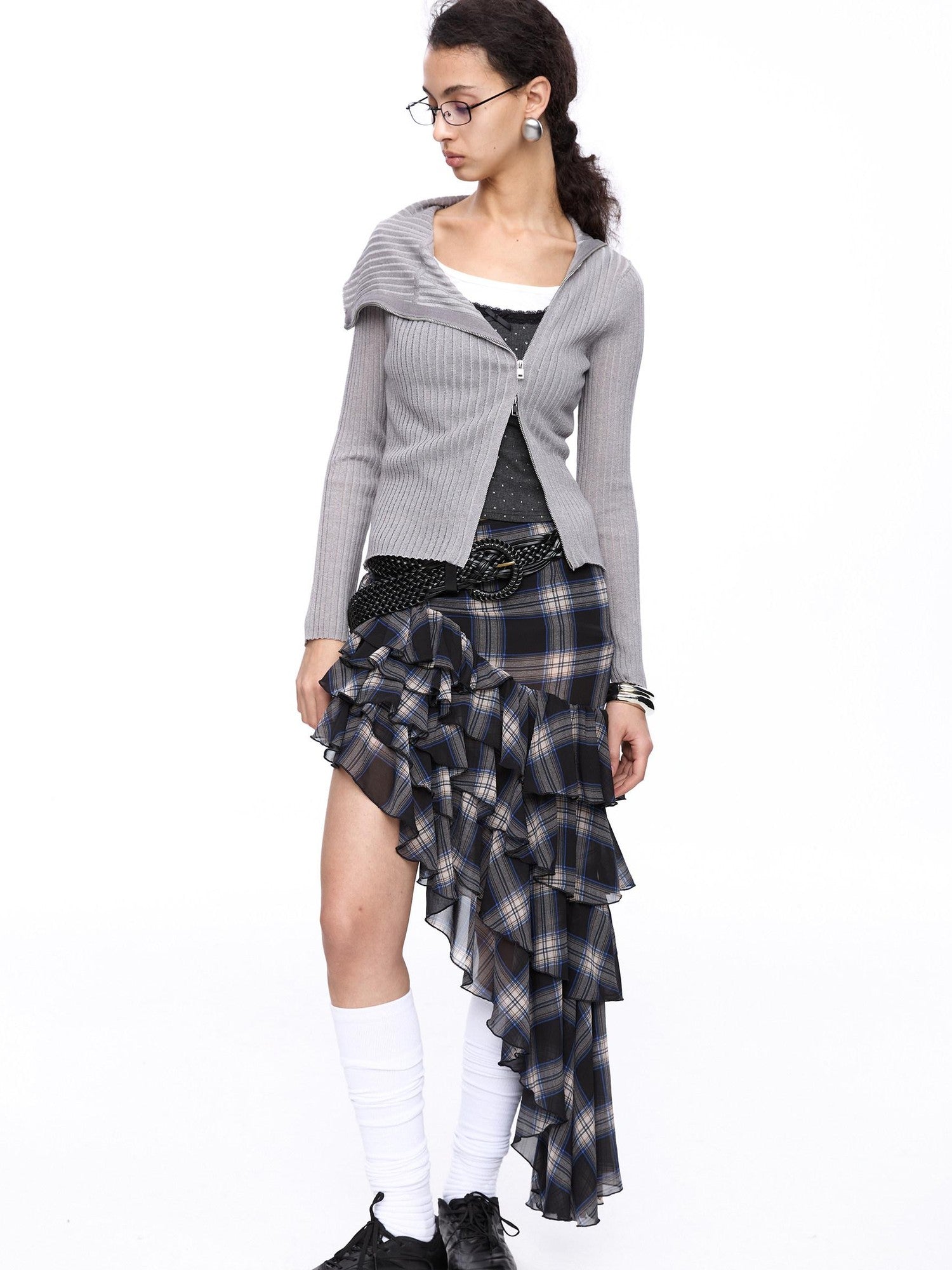LYUOCHENG Light Grey Asymmetric Zip Large Lapel Slim Fit Women&