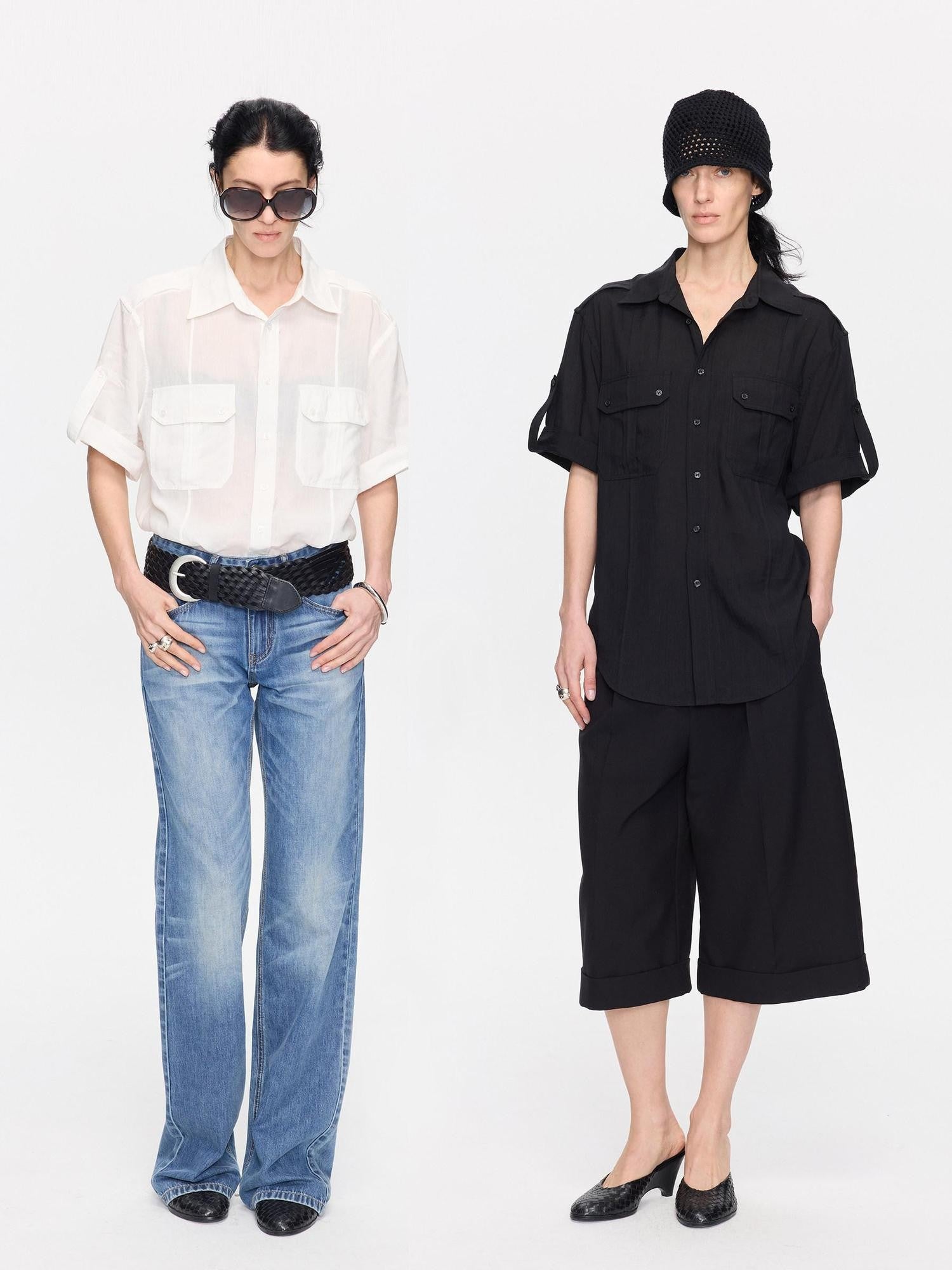 LYUOCHENG Loose Minimal Vintage Workwear Collared Rolled Hem Women&