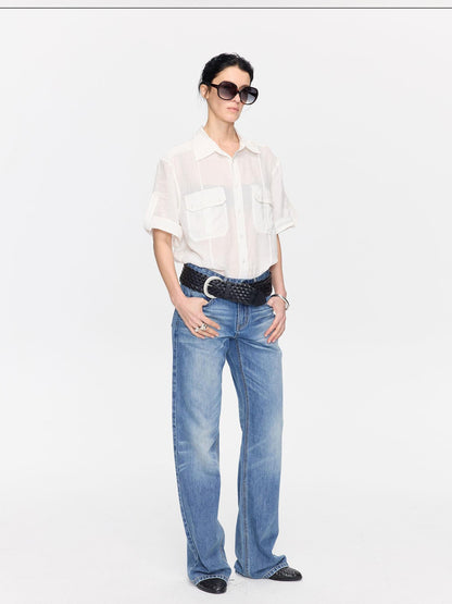 LYUOCHENG Loose Minimal Vintage Workwear Collared Rolled Hem Women&