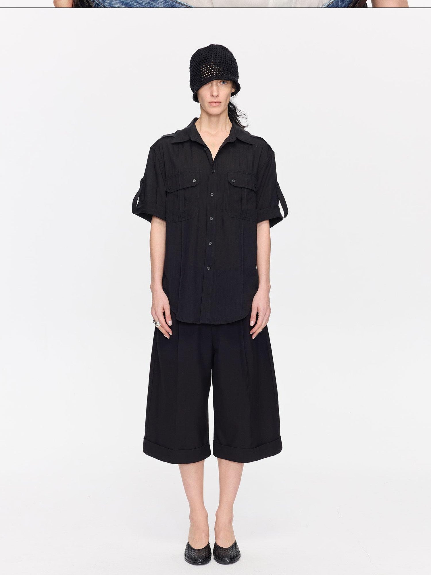 LYUOCHENG Loose Minimal Vintage Workwear Collared Rolled Hem Women&