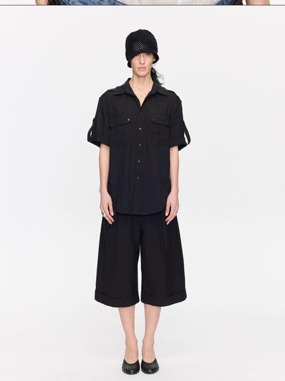 LYUOCHENG Loose Minimal Vintage Workwear Collared Rolled Hem Women&
