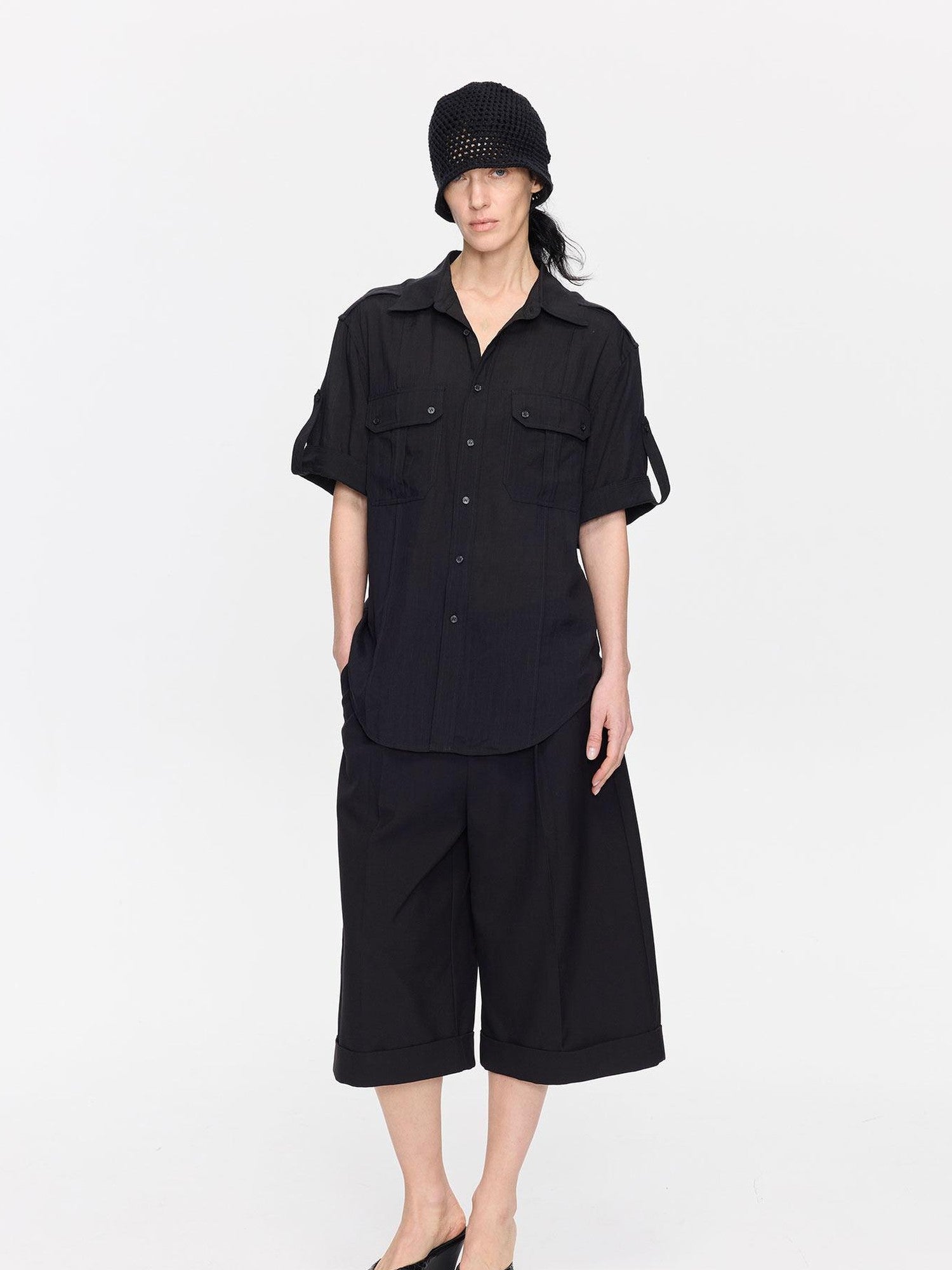 LYUOCHENG Loose Minimal Vintage Workwear Collared Rolled Hem Women&