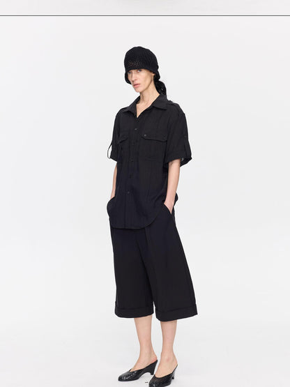 LYUOCHENG Loose Minimal Vintage Workwear Collared Rolled Hem Women&