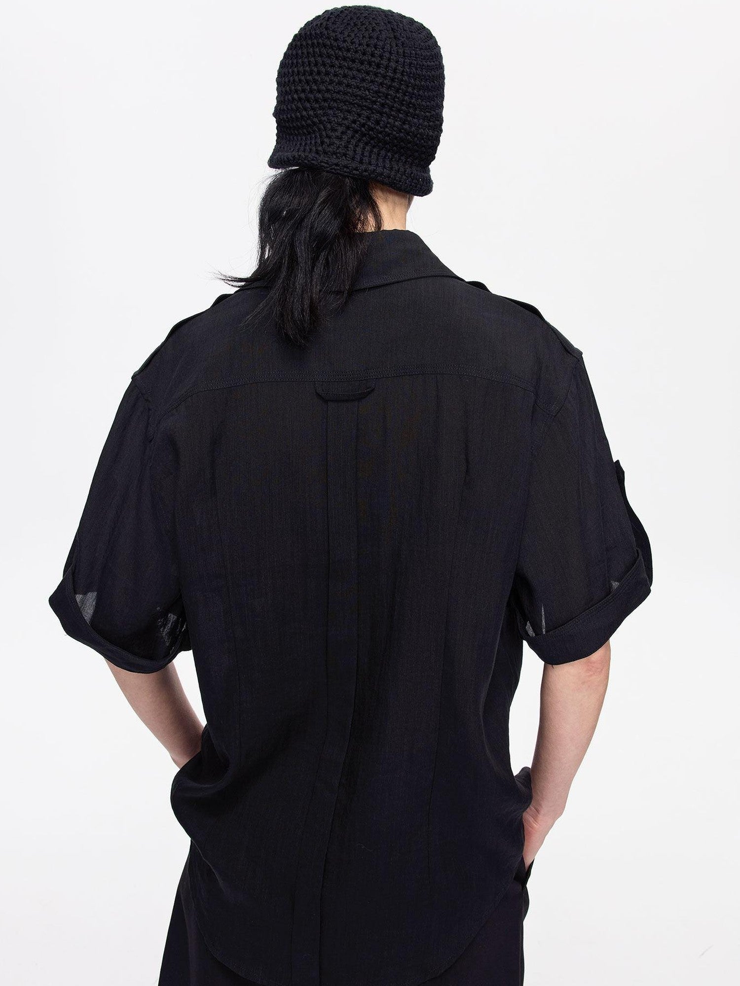 LYUOCHENG Loose Minimal Vintage Workwear Collared Rolled Hem Women&